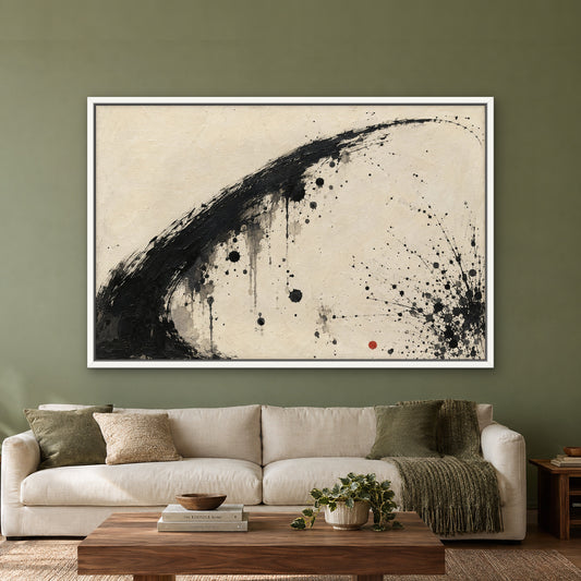 Ink Splash Dance, black and white abstract hand-painted canvas wall art in a living room – Gallery 23