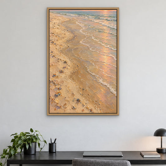 Peach Sky Shore, blue seascape hand-painted canvas wall art in a home office – Gallery 23