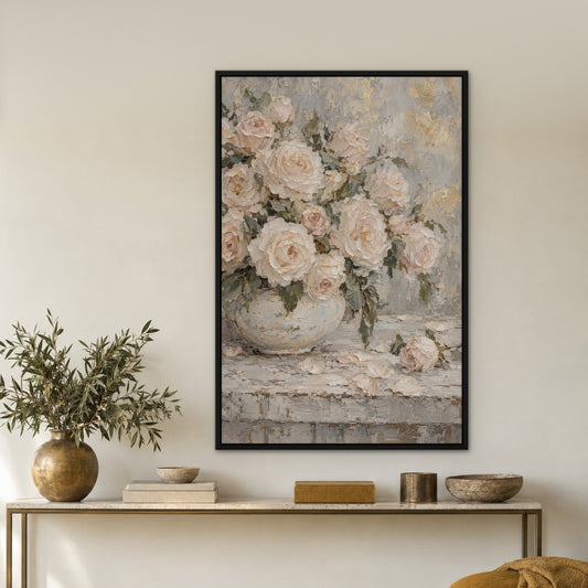 Pale Rose Abundance, teal floral hand-painted canvas wall art in a hallway – Gallery 23