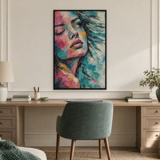 Fuchsia Face, colourful portrait hand-painted canvas wall art in a home office – Gallery 23