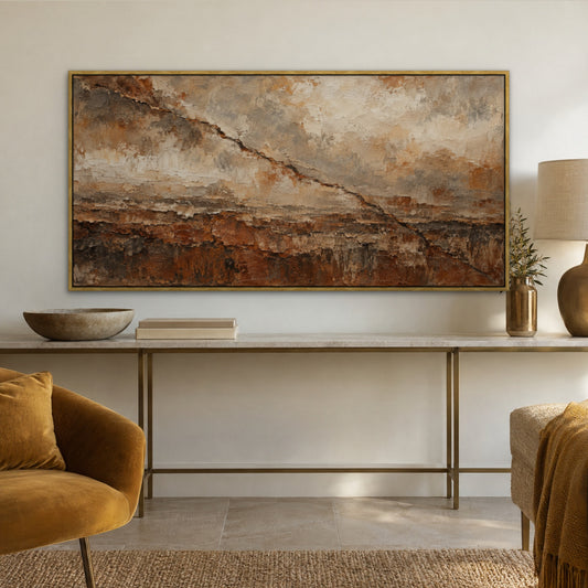 Sepia Weathering, brown abstract hand-painted canvas wall art in a hallway – Gallery 23