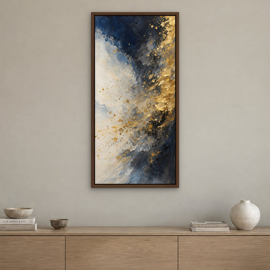 Gold Dust Fall, blue abstract hand-painted canvas wall art in a living room – Gallery 23
