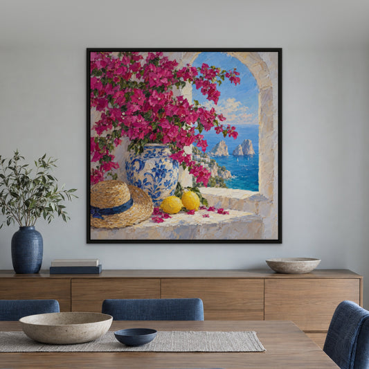 Faraglioni Blossom hand-painted canvas wall art in a styled room