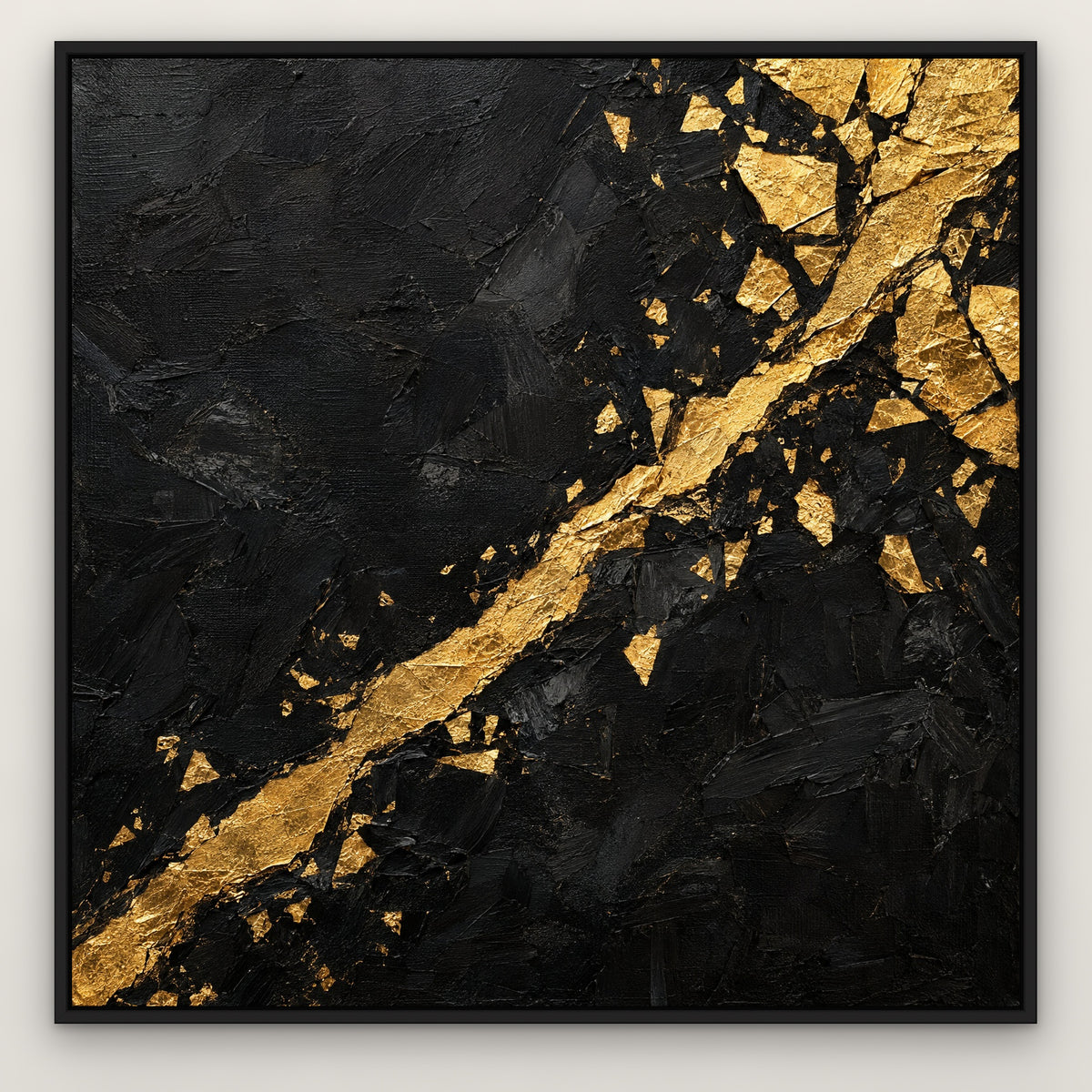 Gold Seams on Black, black and white abstract hand-painted canvas wall art in a slim black float frame – Gallery 23