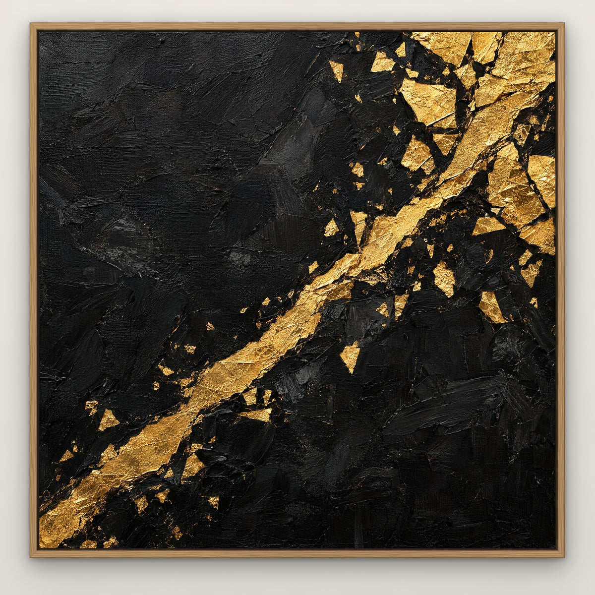 Gold Seams on Black, black and white abstract hand-painted canvas wall art in a slim oak float frame – Gallery 23
