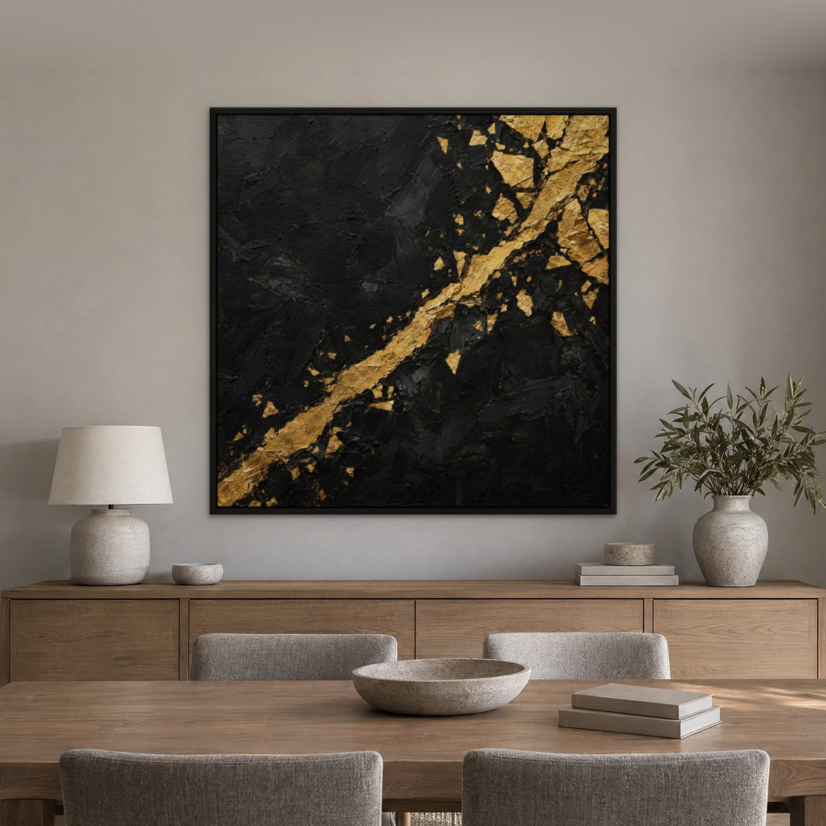 Gold Seams on Black, black and white abstract hand-painted canvas wall art in a dining room – Gallery 23