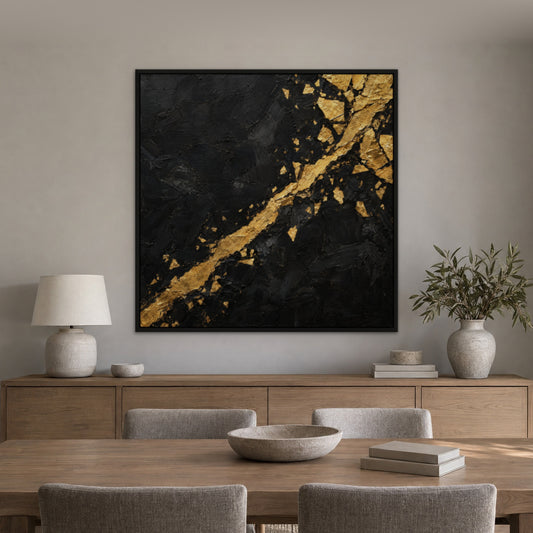 Gold Seams on Black, black and white abstract hand-painted canvas wall art in a dining room – Gallery 23