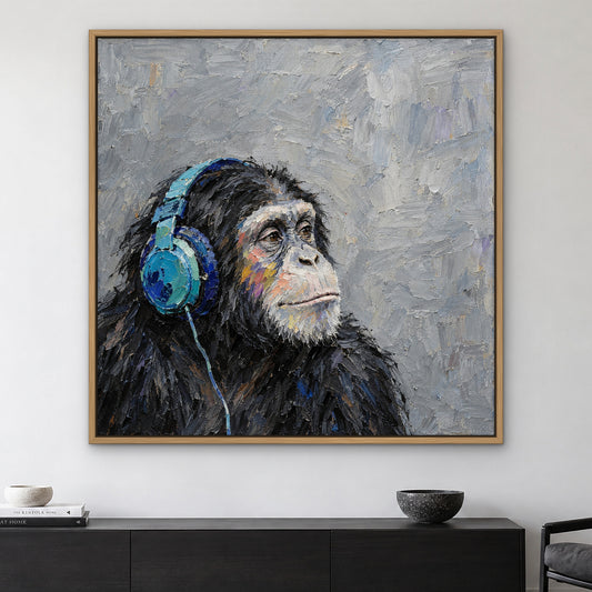 Headphone Ape, yellow pop art hand-painted canvas wall art in a living room – Gallery 23