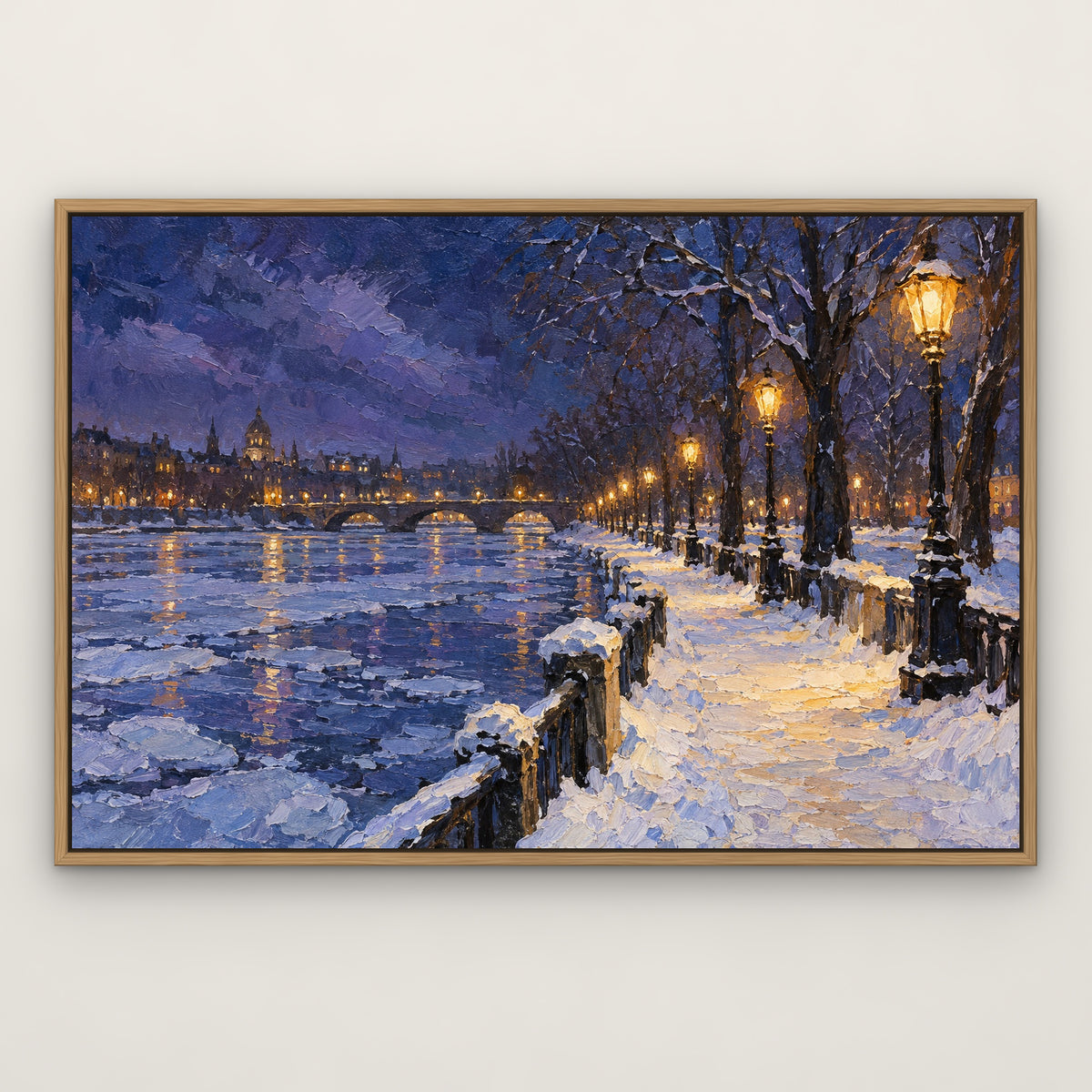 Winter Lamps Promenade, colourful landscape hand-painted canvas wall art in a slim oak float frame – Gallery 23
