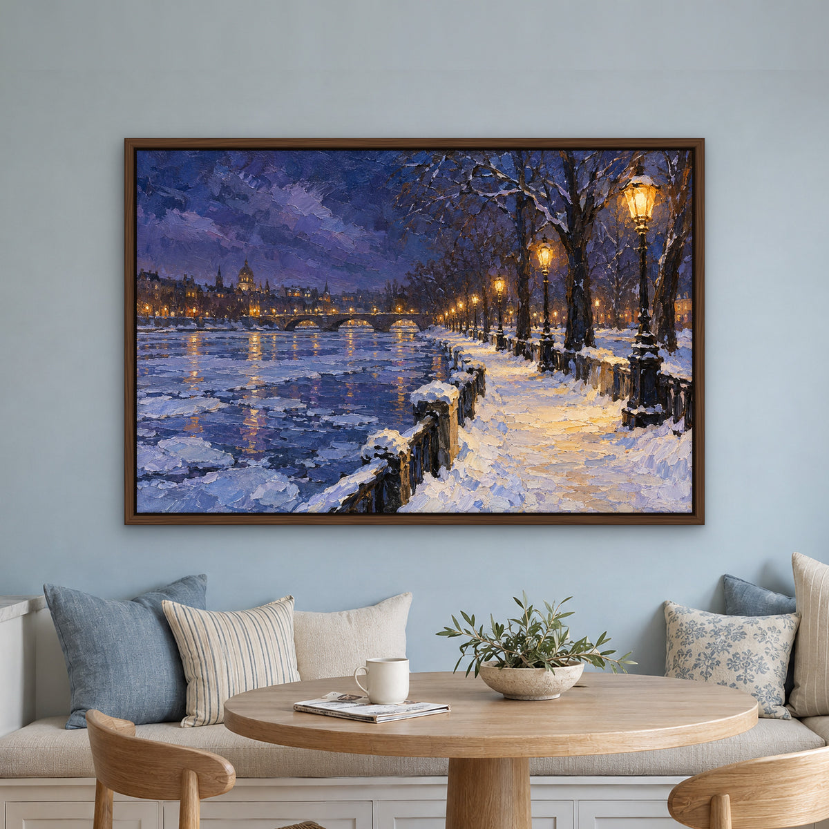 Winter Lamps Promenade, colourful landscape hand-painted canvas wall art in a kitchen nook – Gallery 23