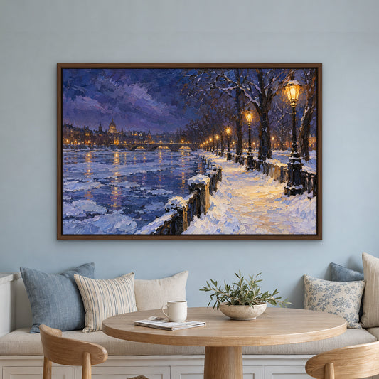 Winter Lamps Promenade, colourful landscape hand-painted canvas wall art in a kitchen nook – Gallery 23