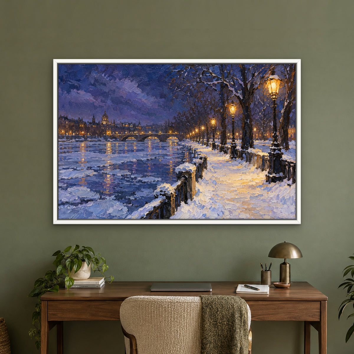 Winter Lamps Promenade, colourful landscape hand-painted canvas wall art in a home office – Gallery 23