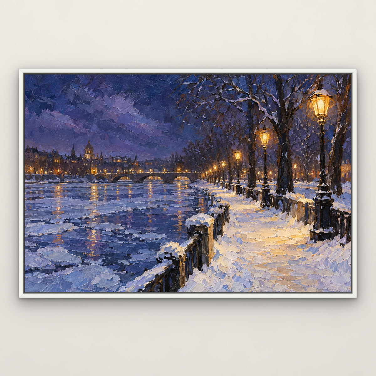 Winter Lamps Promenade, colourful landscape hand-painted canvas wall art in a slim white float frame – Gallery 23