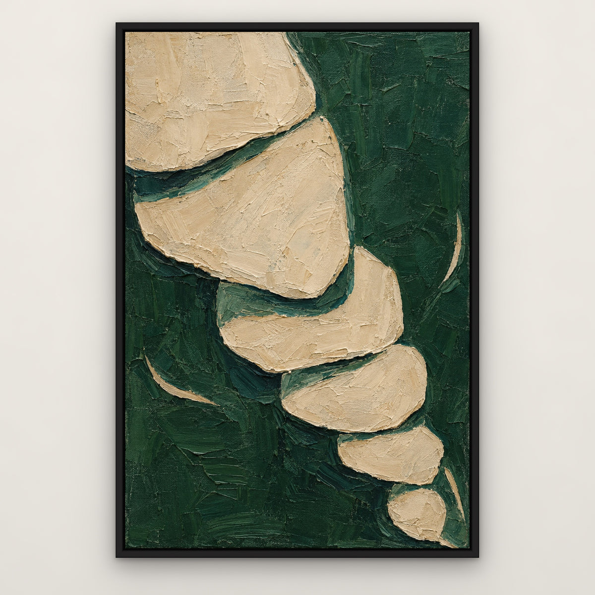 Forest Green Cut-Outs, teal abstract hand-painted canvas wall art in a slim black float frame – Gallery 23