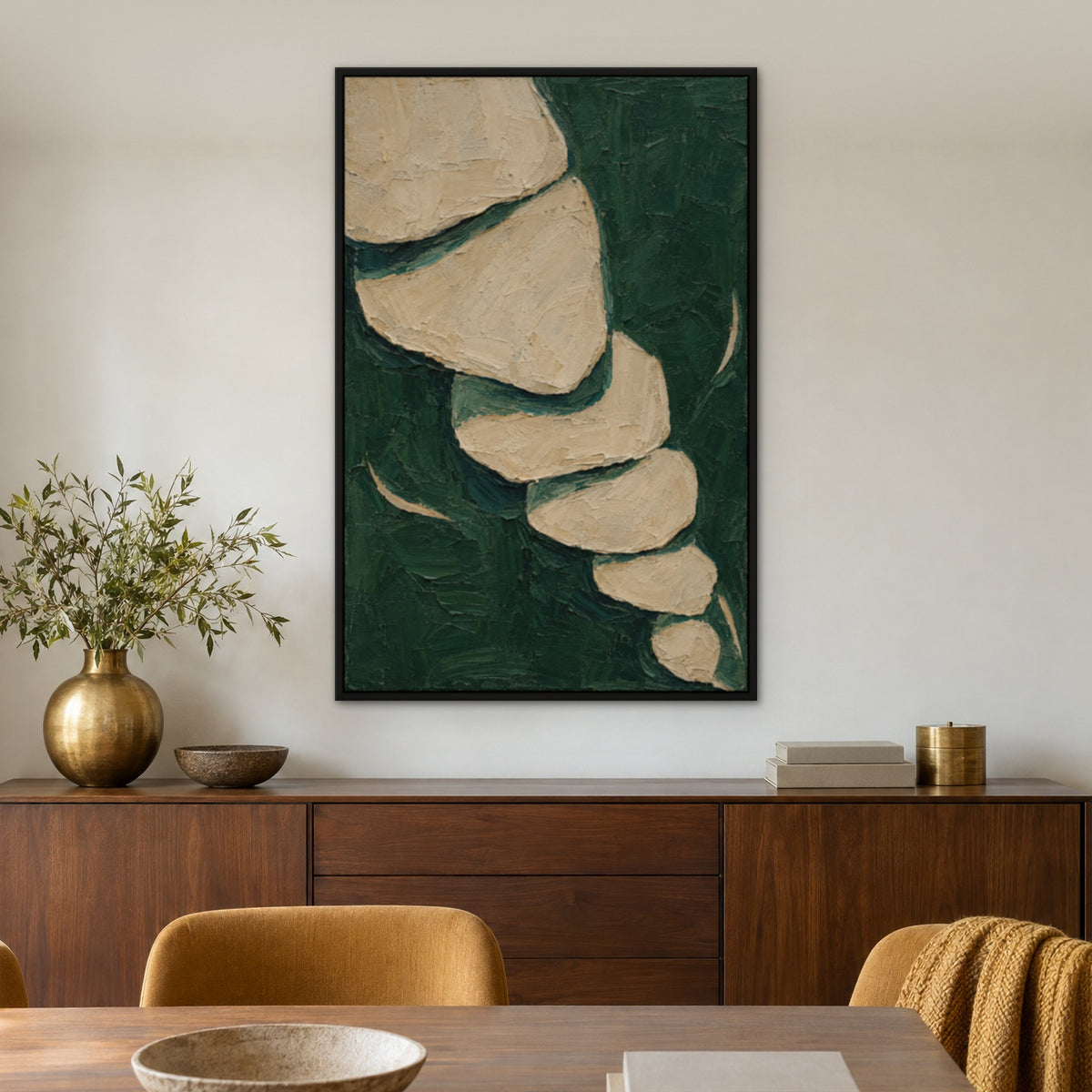 Forest Green Cut-Outs, teal abstract hand-painted canvas wall art in a dining room – Gallery 23
