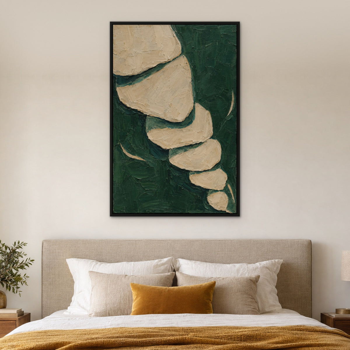 Forest Green Cut-Outs, teal abstract hand-painted canvas wall art in a bedroom – Gallery 23