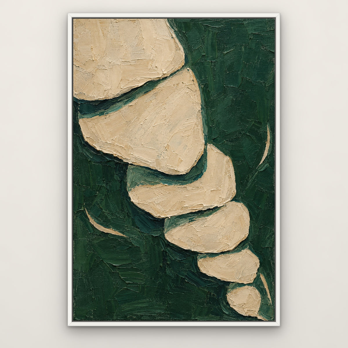 Forest Green Cut-Outs, teal abstract hand-painted canvas wall art in a slim white float frame – Gallery 23