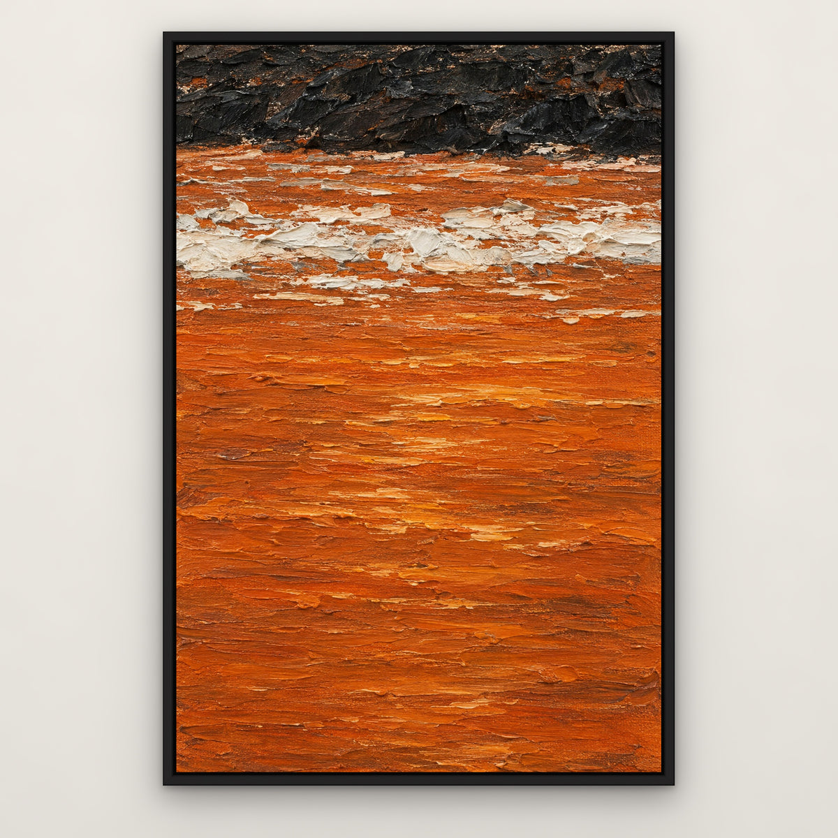 Orange Sea Edge, black and white abstract hand-painted canvas wall art in a slim black float frame – Gallery 23