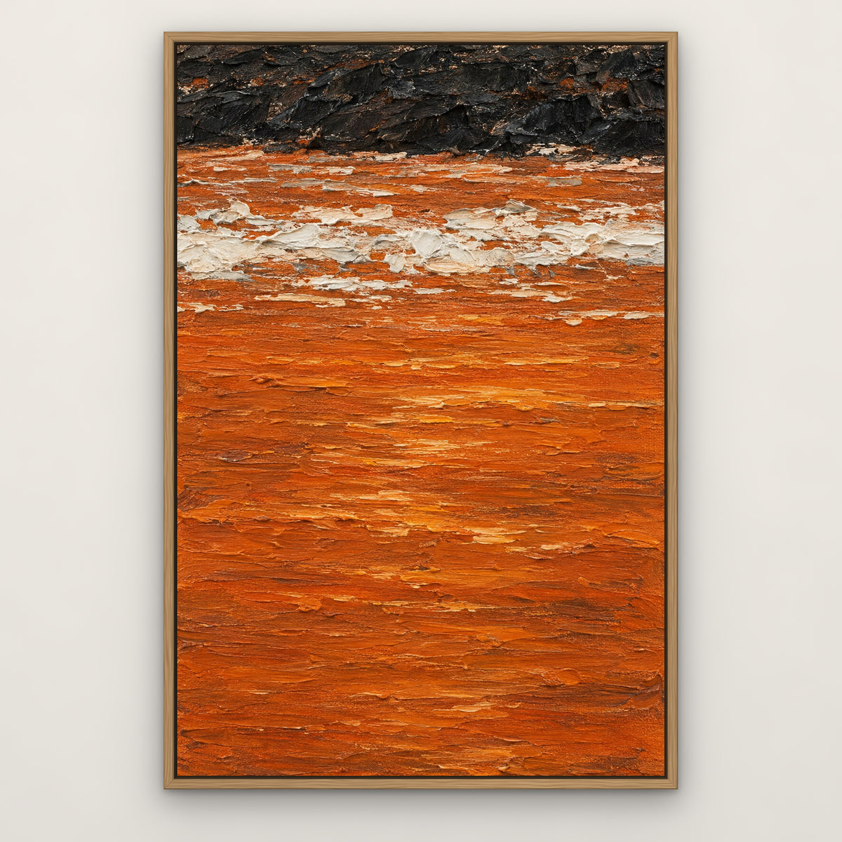 Orange Sea Edge, black and white abstract hand-painted canvas wall art in a slim oak float frame – Gallery 23