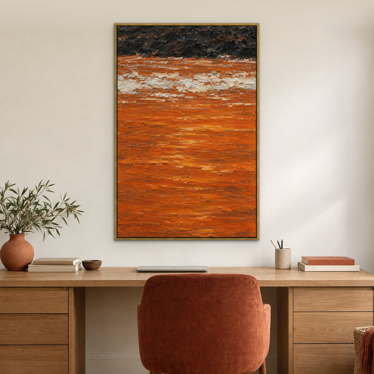 Orange Sea Edge, black and white abstract hand-painted canvas wall art in a home office – Gallery 23