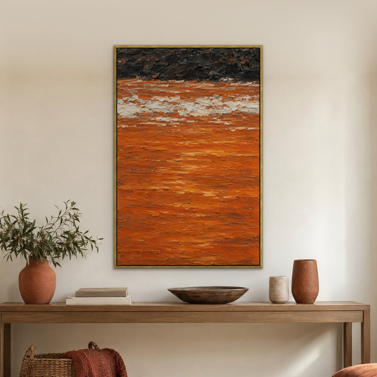 Orange Sea Edge, black and white abstract hand-painted canvas wall art in a hallway – Gallery 23