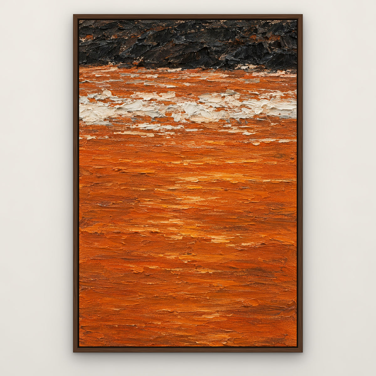 Orange Sea Edge, black and white abstract hand-painted canvas wall art in a slim walnut float frame – Gallery 23