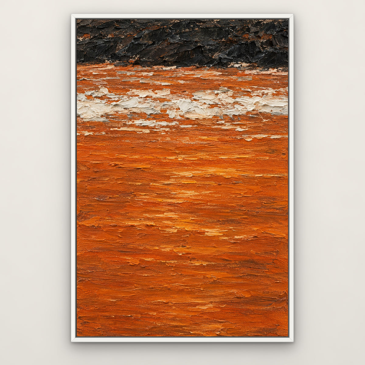 Orange Sea Edge, black and white abstract hand-painted canvas wall art in a slim white float frame – Gallery 23