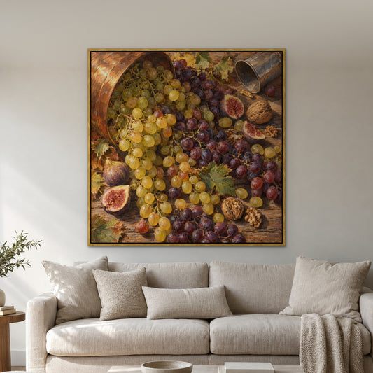 Golden Grape Feast, brown still life hand-painted canvas wall art in a living room – Gallery 23