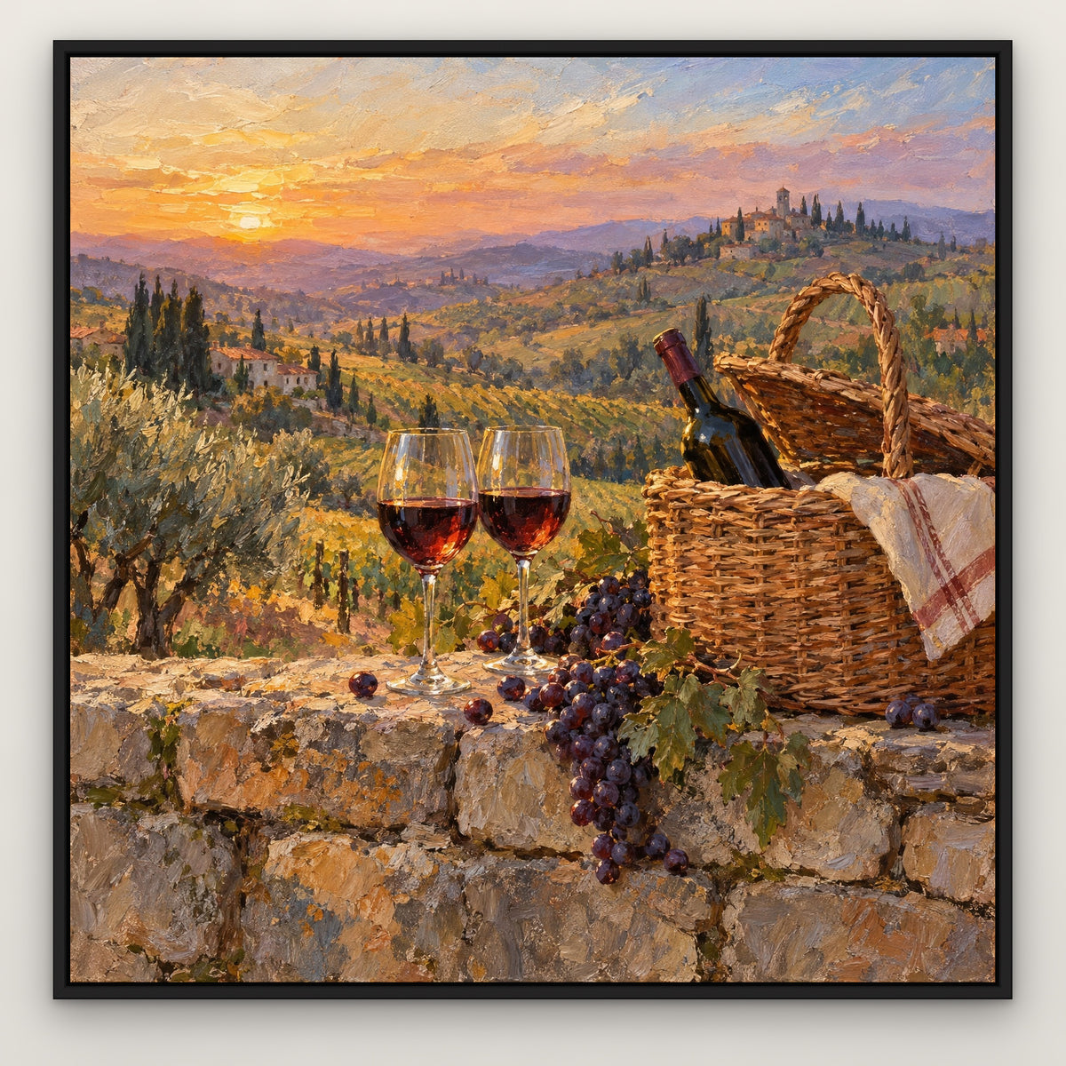 Sunset Vintage, red landscape hand-painted canvas wall art in a slim black float frame – Gallery 23