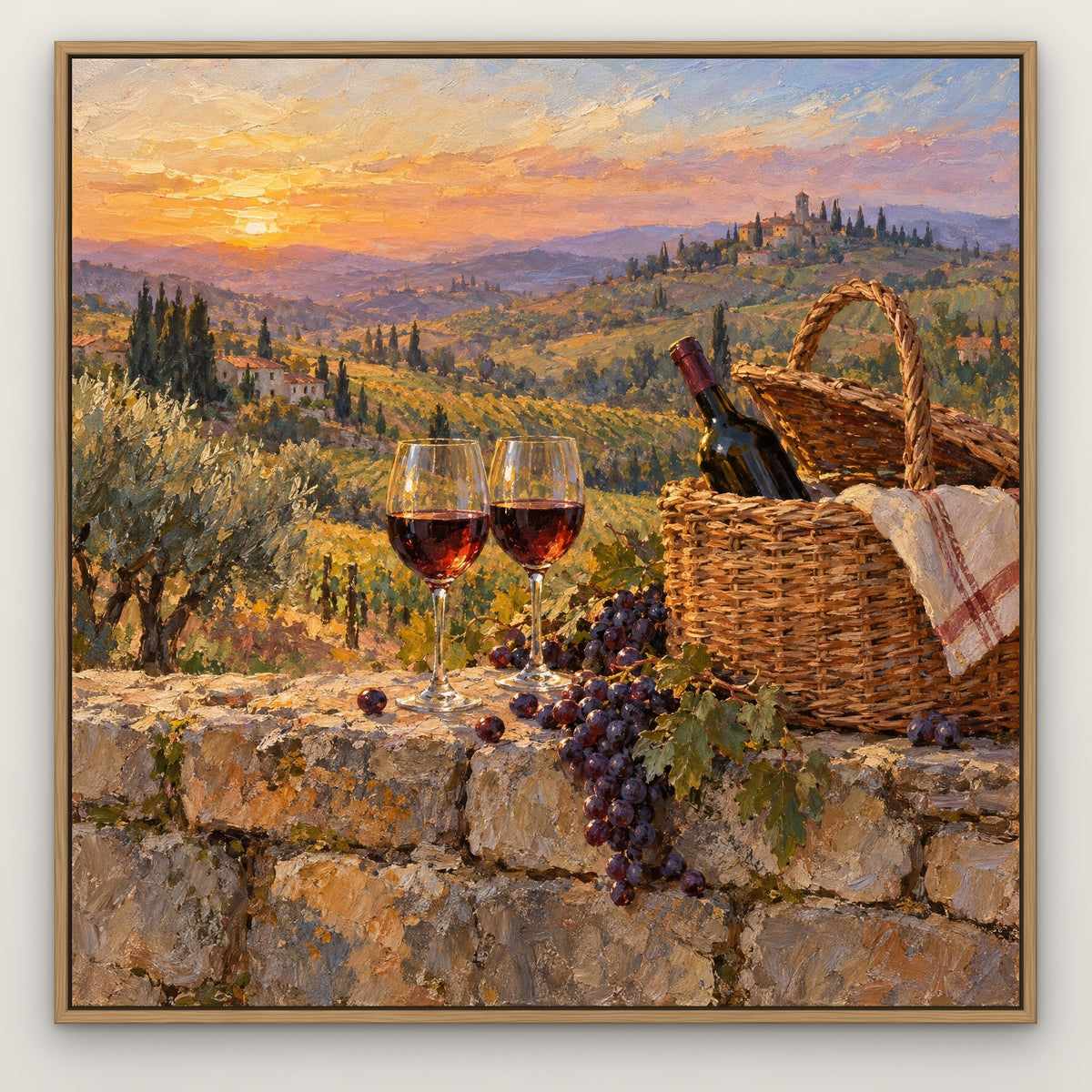 Sunset Vintage, red landscape hand-painted canvas wall art in a slim oak float frame – Gallery 23