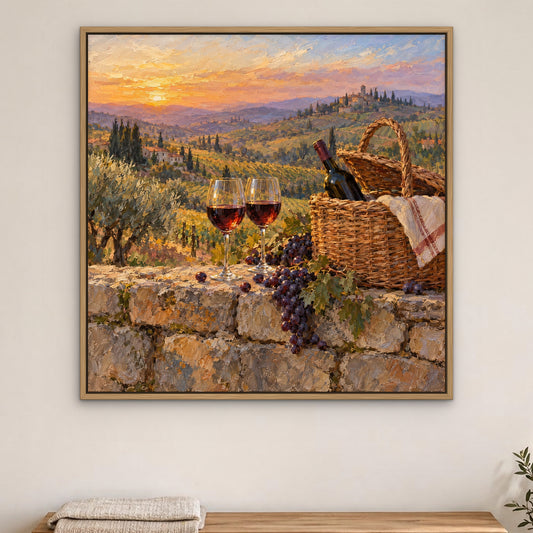 Sunset Vintage, red landscape hand-painted canvas wall art in a bedroom – Gallery 23