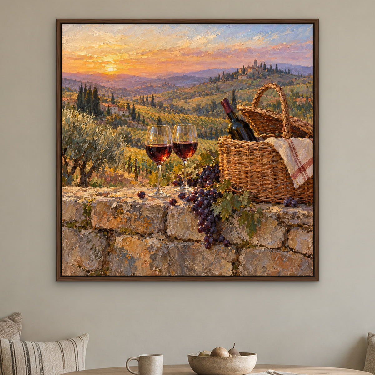 Sunset Vintage, red landscape hand-painted canvas wall art in a kitchen nook – Gallery 23