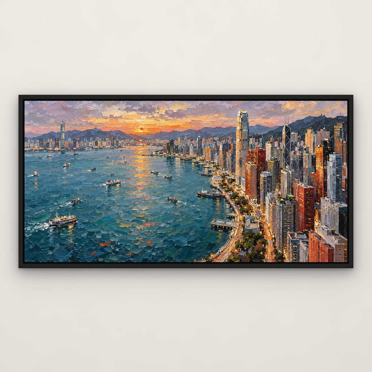 Waterfront Skyline Strip, colourful abstract hand-painted canvas wall art in a slim black float frame – Gallery 23