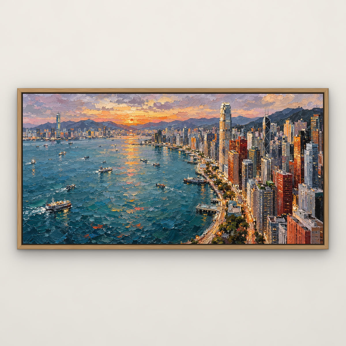 Waterfront Skyline Strip, colourful abstract hand-painted canvas wall art in a slim oak float frame – Gallery 23