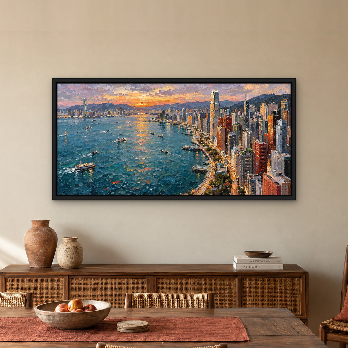 Waterfront Skyline Strip, colourful abstract hand-painted canvas wall art in a dining room – Gallery 23