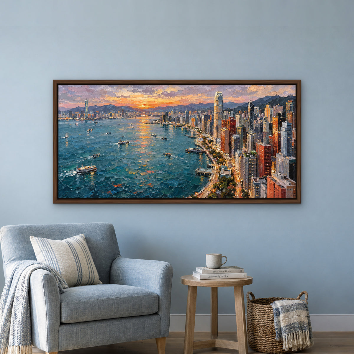 Waterfront Skyline Strip, colourful abstract hand-painted canvas wall art in a reading corner – Gallery 23