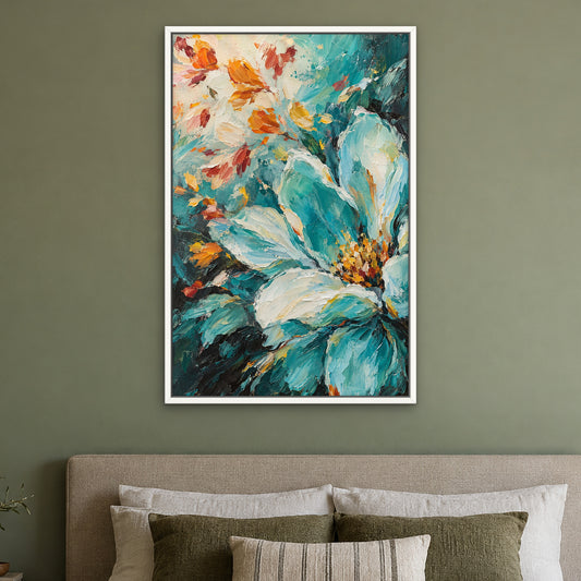 Turquoise Bloom Burst, teal abstract hand-painted canvas wall art in a bedroom – Gallery 23