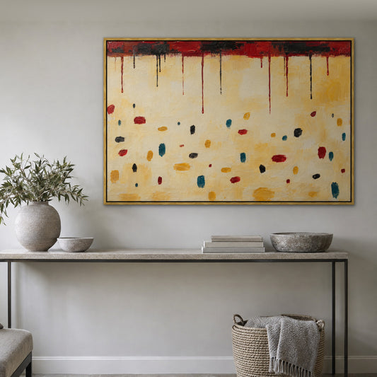 Confetti Drip Field, black and white abstract hand-painted canvas wall art in a hallway – Gallery 23