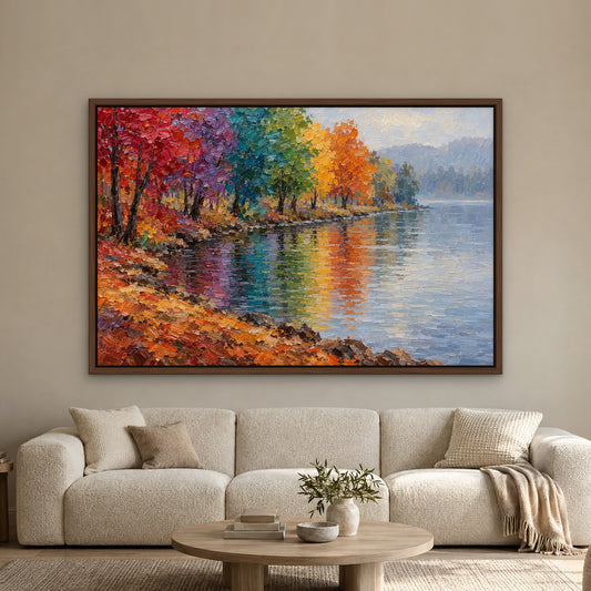 Rainbow Grove, colourful landscape hand-painted canvas wall art in a living room – Gallery 23