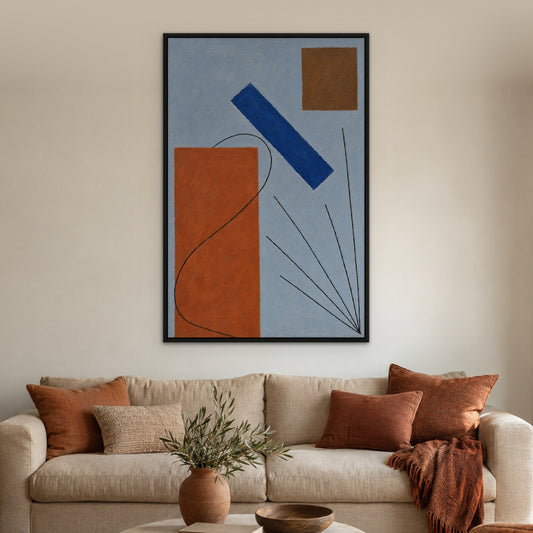 Terracotta and Ink, blue abstract hand-painted canvas wall art in a living room – Gallery 23