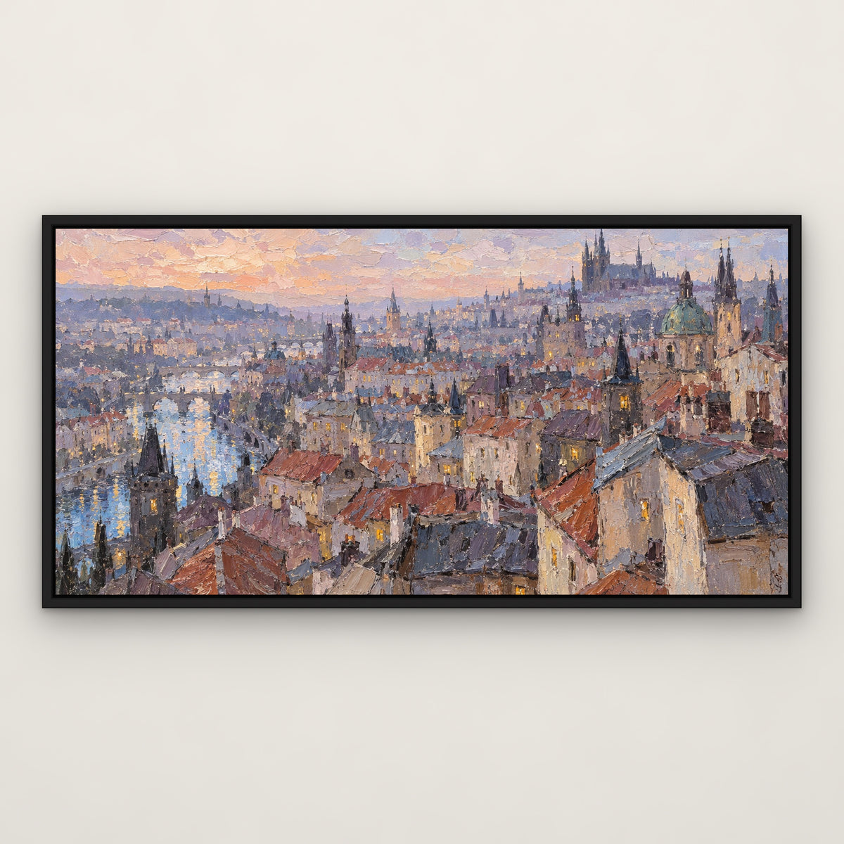 Pastel River City, colourful abstract hand-painted canvas wall art in a slim black float frame – Gallery 23