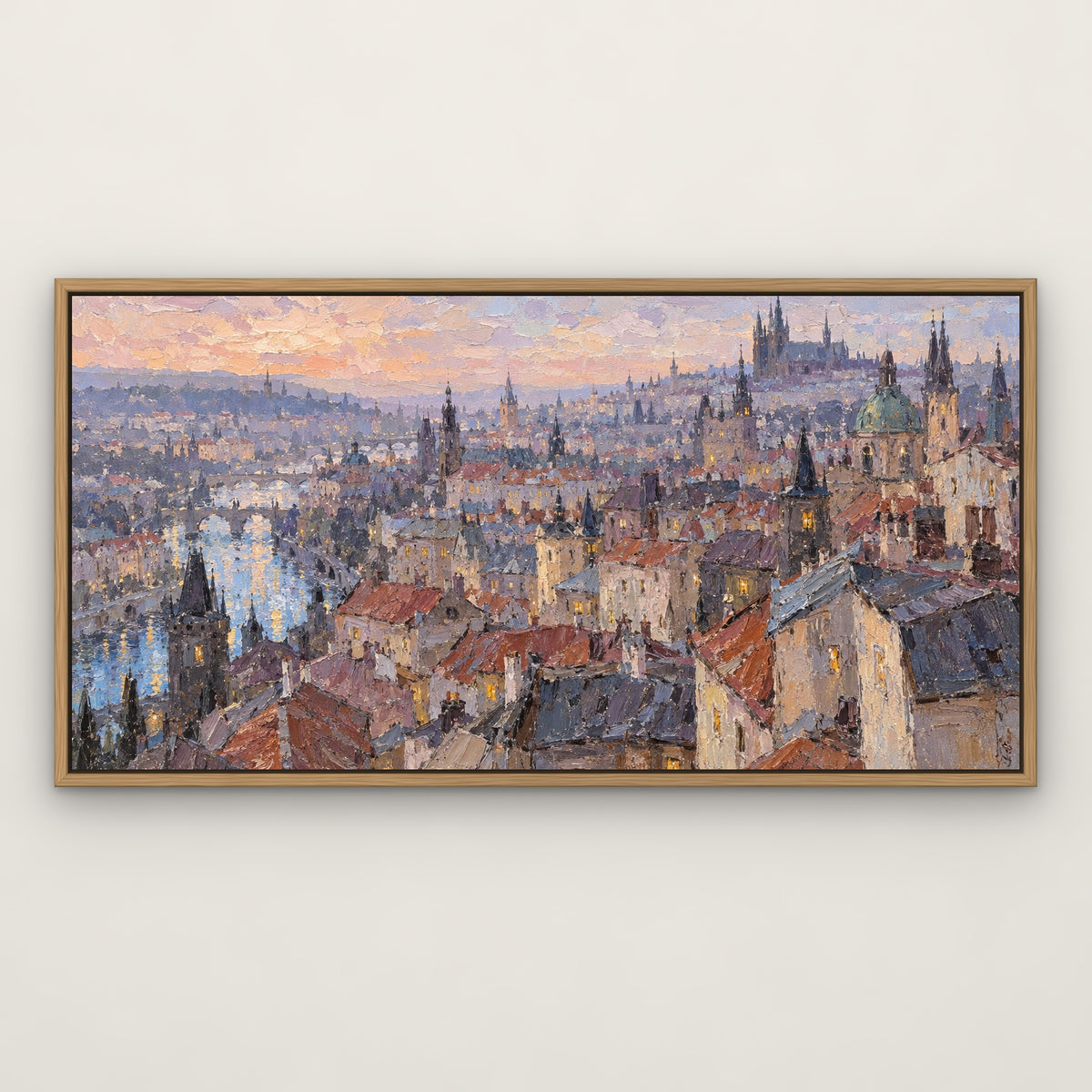 Pastel River City, colourful abstract hand-painted canvas wall art in a slim oak float frame – Gallery 23
