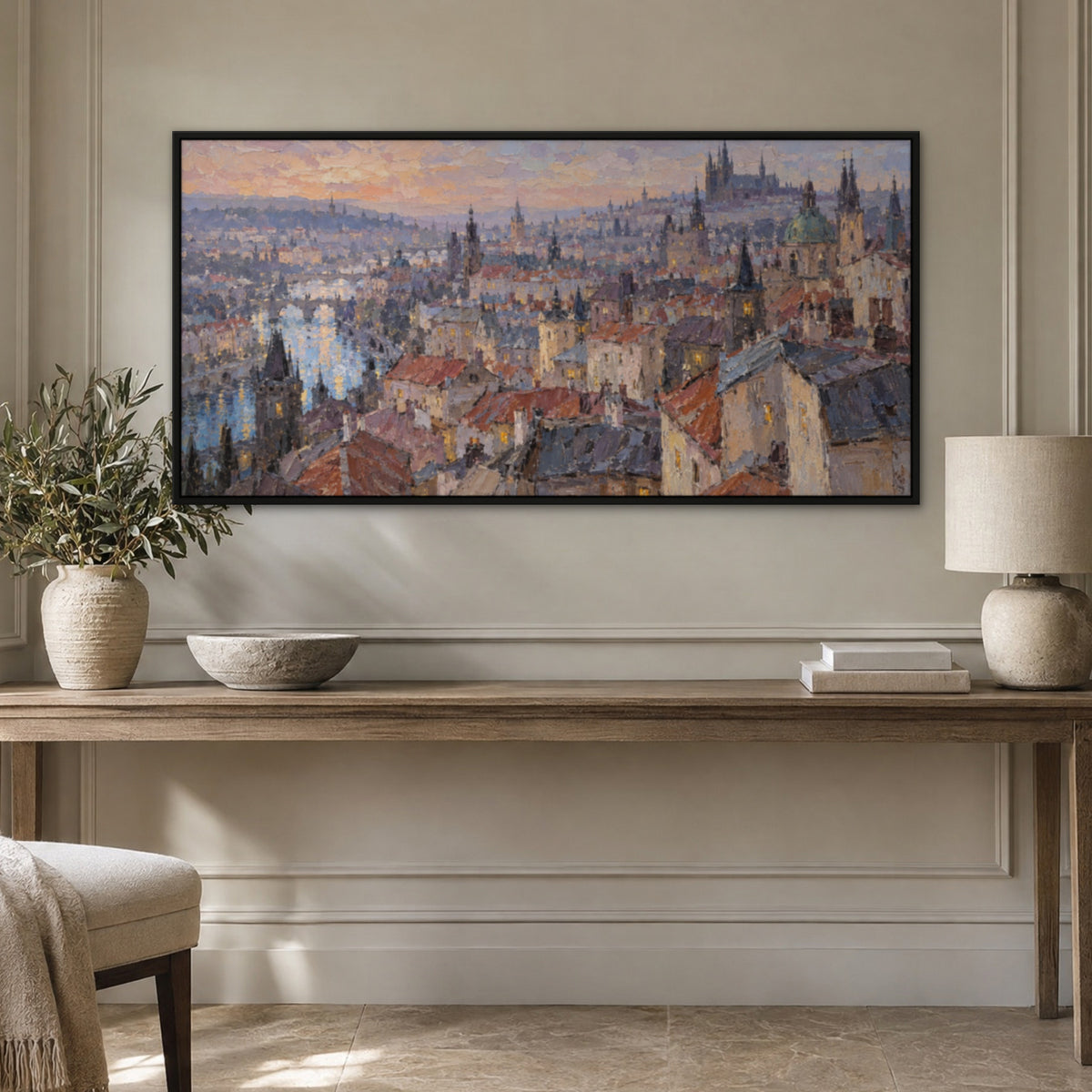 Pastel River City, colourful abstract hand-painted canvas wall art in a hallway – Gallery 23
