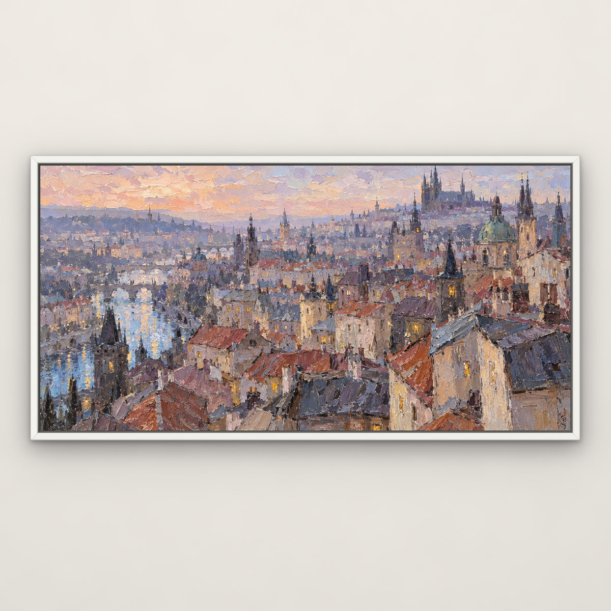 Pastel River City, colourful abstract hand-painted canvas wall art in a slim white float frame – Gallery 23