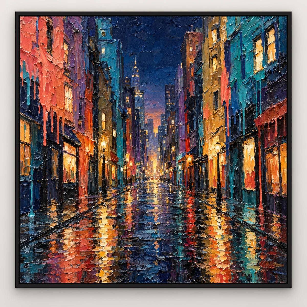 Dripping Colour City, colourful abstract hand-painted canvas wall art in a slim black float frame – Gallery 23