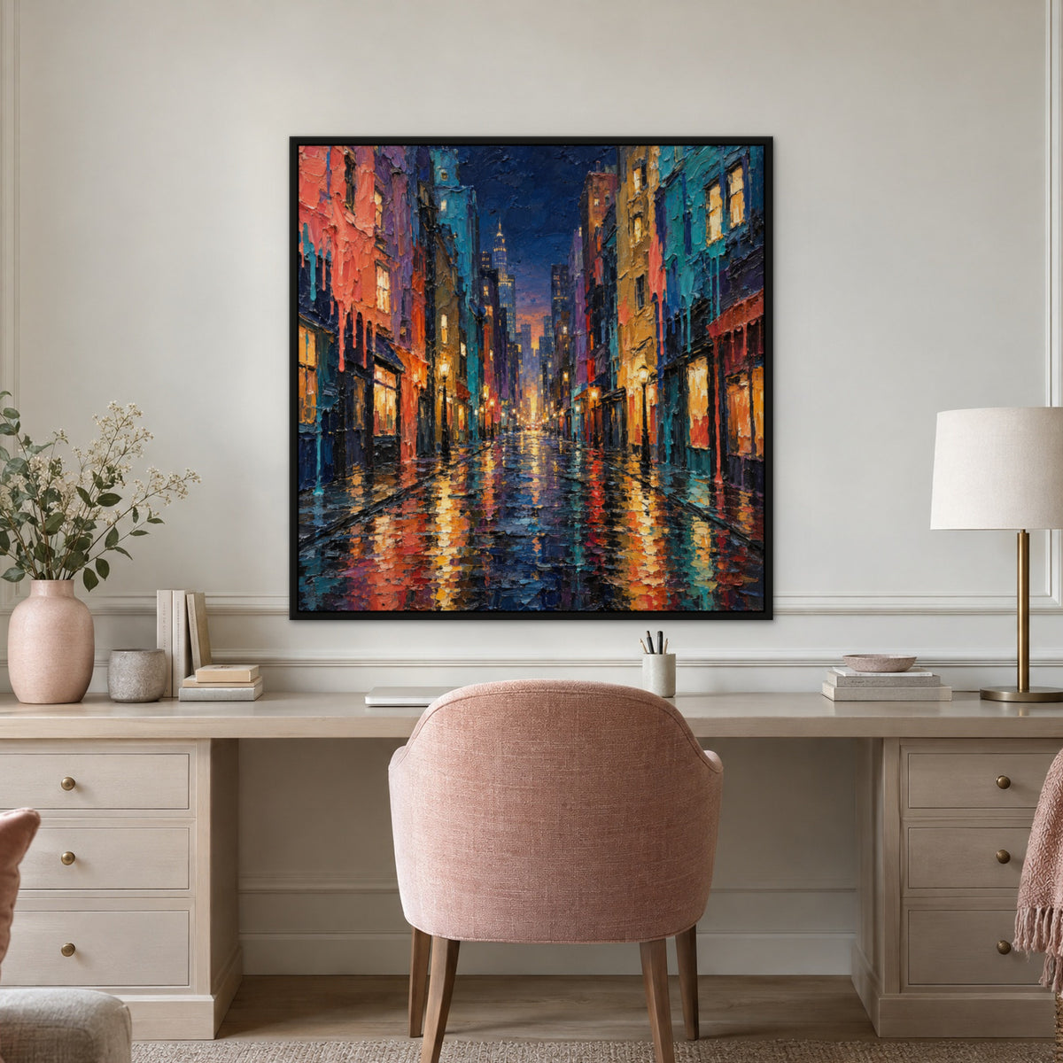 Dripping Colour City, colourful abstract hand-painted canvas wall art in a home office – Gallery 23
