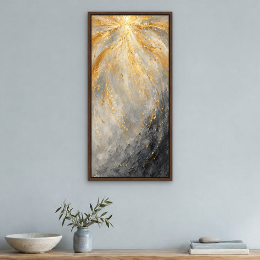 Golden Rainfall, grey abstract hand-painted canvas wall art in a hallway – Gallery 23