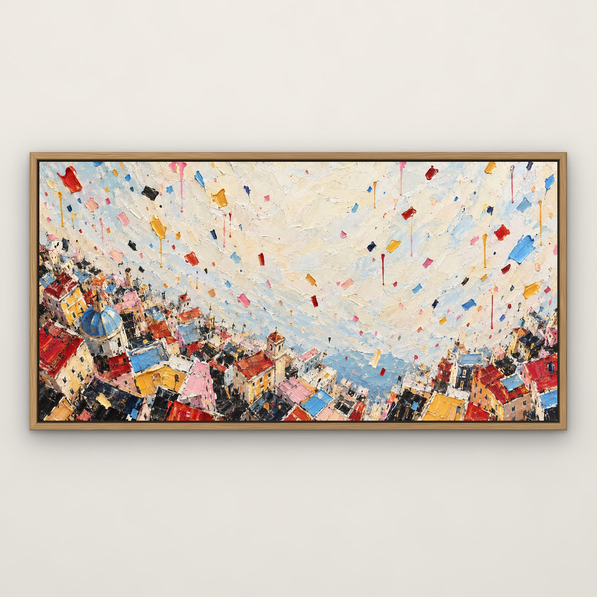 Confetti Skyline Drip, colourful abstract hand-painted canvas wall art in a slim oak float frame – Gallery 23