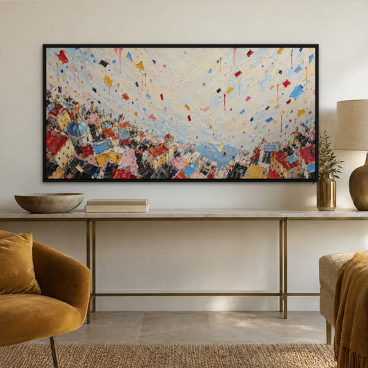 Confetti Skyline Drip, colourful abstract hand-painted canvas wall art in a hallway – Gallery 23