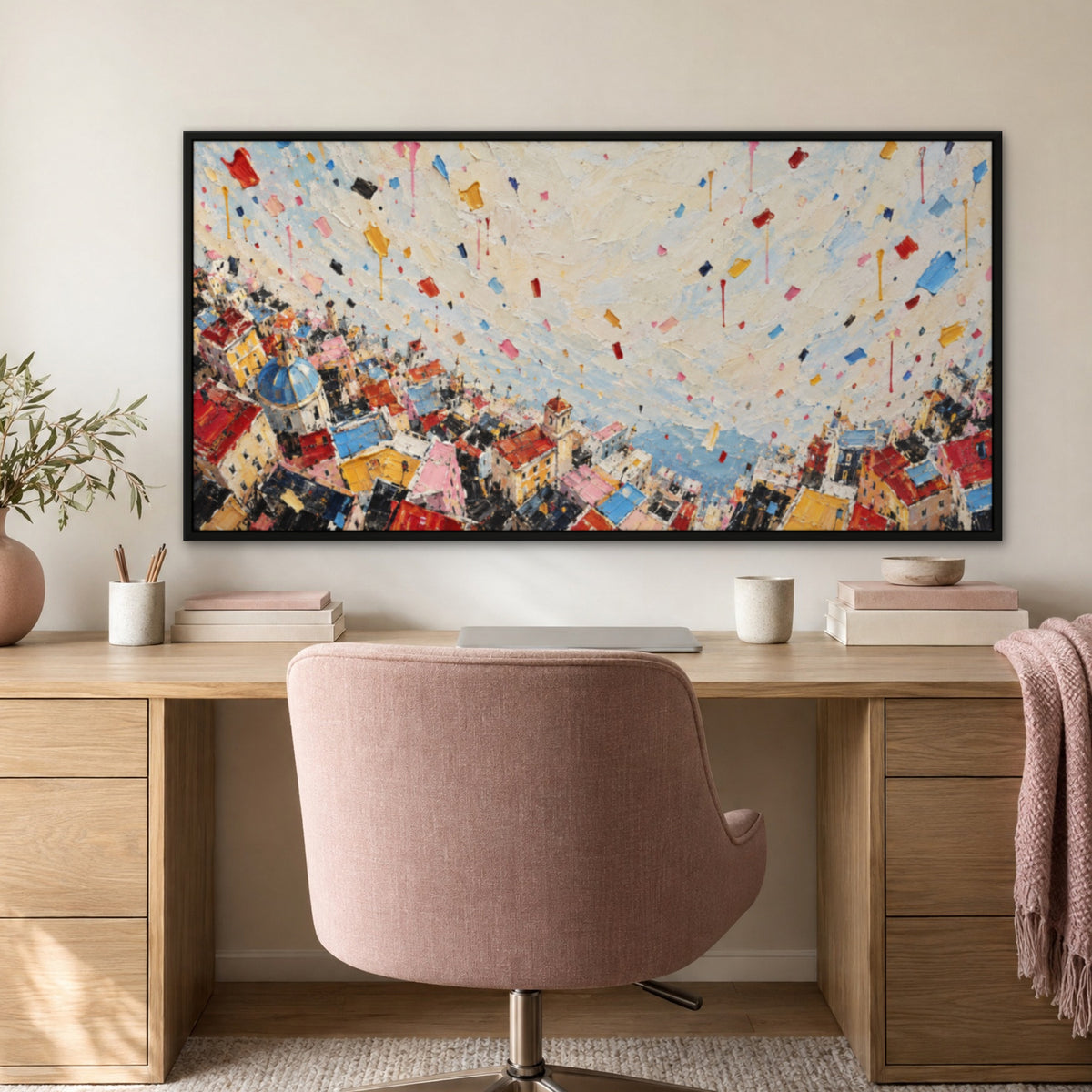 Confetti Skyline Drip, colourful abstract hand-painted canvas wall art in a home office – Gallery 23